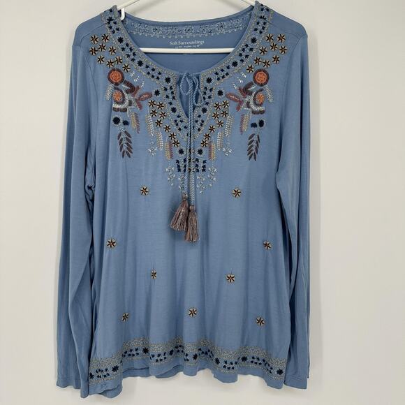 Soft Surroundings Tops - Soft Surroundings Shirt Womens M Blue Embroidered Tassel Tie Boho Tunic Top